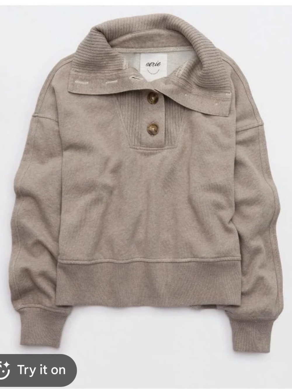 aerie Taupe Button-Collar Cowl Pullover